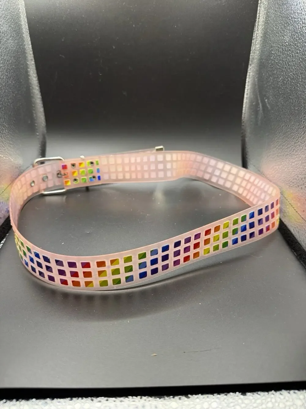 LGBTQ Pride Rainbow Grid Pattern Adjustable Belt Silver Buckle 41” Pink Tinged